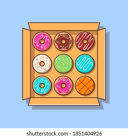 Doughnuts variation in a box flat style cartoon illustration. The food and drink concept icon isolated. Lunch, breakfast, colorful, and obesity