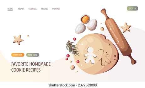 Dought, eggs, rolling pin and gingerbread. Merry Christmas, cozy winter, New Year, homemade coockies, cooking concept. Vector illustration for poster, banner, website, cover.