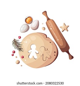 Dought, eggs, rolling pin and gingerbread. Merry Christmas, cozy winter, New Year, homemade coockies, cooking concept. Isolated vector illustration for poster, banner, cover.