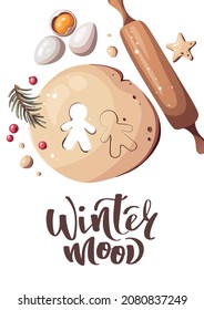 Dought, eggs, rolling pin and gingerbread. Merry Christmas, cozy winter, New Year, homemade coockies, cooking concept. Vector illustration for poster, banner, card, postcard, cover.