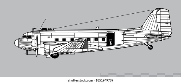 Douglas AC-47 Spooky. Vector Drawing Of Close Air Support Gunship. Side View. Image For Illustration And Infographics.
