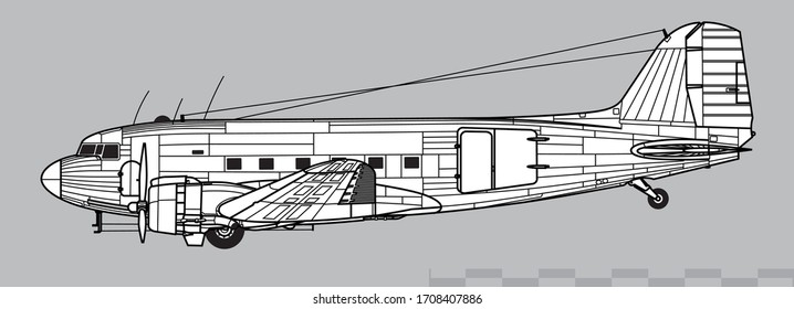 Douglas C-47 Skytrain, Dakota, DC-3. World War 2 transport aircraft. Side view. Image for illustration and infographics.