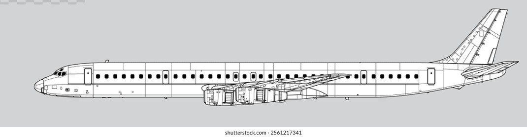 Douglas DC-8-61. Vector drawing of long-range narrow-body jetliner. Side view. Image for illustration and infographics.