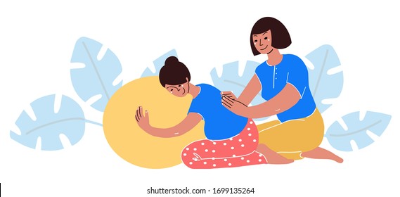 Doula support instead partner pregnant woman. help physical and emotional labour and birth to go smoothly. Vector illustration flat design