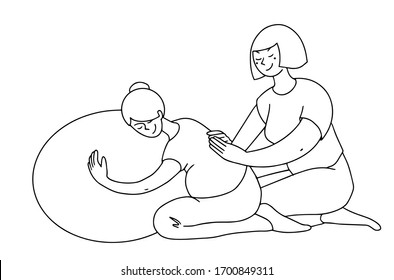 Doula Support Instead Partner Pregnant Woman. Help Physical And Emotional Labour And Birth To Go Smoothly. Black And White Vector Line Style Illustration