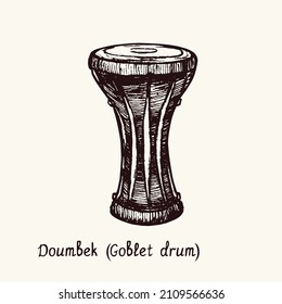 Doumbek (goblet drum). Ink black and white doodle drawing in woodcut style with inscription