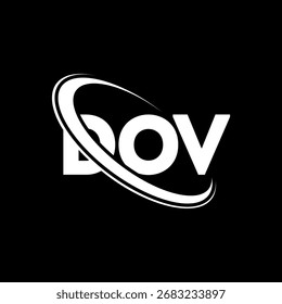 Logotipo del DOV. Carta del DOV. Diseño del logotipo de la letra DOV. Logotipo DOV inicial enlazado con el círculo y el logotipo del monograma en mayúscula. Tipografía DOV para tecnología, negocio y marca inmobiliaria.