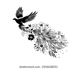 Dove. Abstract bird of peace flies with flowers. hand drawing. Not AI. Vector illustration.