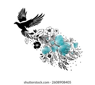 Dove. Abstract bird of peace flies with flowers. hand drawing. Not AI. Vector illustration.