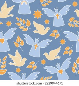 Dove and Angel seamless pattern on blue background. Christian symbol seamless pattern. For textile, wrapping paper, packaging.