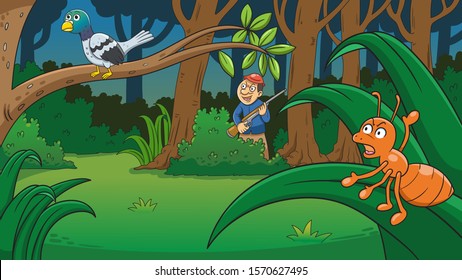 The Dove and the ant in the jungle. for Aesop's fables tale.The Dove (pigeon) and the ant story. aspect ratio 16:9