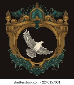Dove in antique gold frame. Vintage Engraving drawing style, vector Illustration	