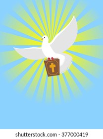 Dove and Bible. Holy book in its paws White pigeon. Background of divine light. Big book of God. bird symbol of human soul
