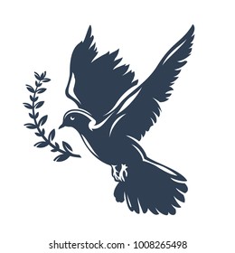 Dove bird carrying olive branch in beak as a peace symbol. Vector logo or icon