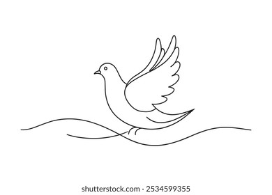 Dove bird continuous line art flat vector illustration on white background.