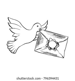 Dove Bird Flying with Envelope in Sketch Style. Outline or Contour Drawing. Hand drawn Vector Isolated Illustration. Engraving object.