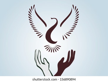 Dove or bird with hands symbolizing freedom
