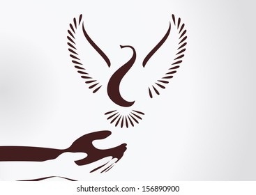 Dove or bird with hands symbolizing freedom