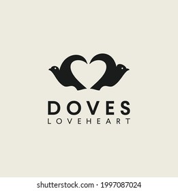 Dove Bird with Heart Love shape logo peace Design Vector Illustration. Bird Love Logo Silhouette Retro Hipster Template Emblem