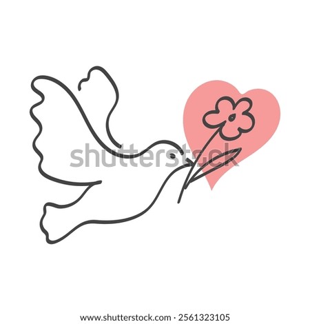 Dove bird holding flower icon. Symbol of Peace and Love. Pigeon sulhouette. Vector