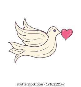 Dove Bird holding heart vector illustration, colored isolated linear style pictogram 