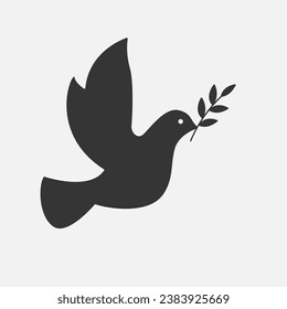 Dove bird holding olive branch icon. Symbol of Peace. Pigeon sulhouette. Vector