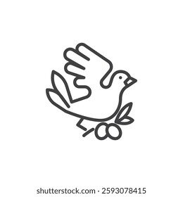 Dove bird line icon. linear style sign for mobile concept and web design. A flying dove with an olive branch outline vector icon. Symbol, logo illustration. Vector graphics