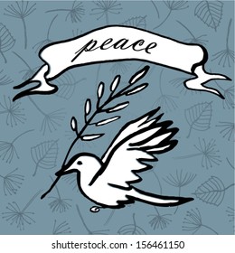Dove bird with olive. Peace ribbon tag. Vector illustration.