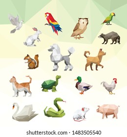 DOVE BIRD RABBIT OWL RACOON DOG 
POODLE CHIPMUNK CAT TURTLE DUCK CHICKEN SWAN SNAKE MOUSE RAT PIG ANIMAL PET LOW POLY LOGO ICON SYMBOL. TRIANGLE GEOMETRIC POLYGON