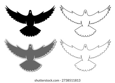 Dove bird silhouette and outline vector set, flying pigeon Columba livia domestica icons, peace symbol, minimalist animal graphic design, tracing line and sticker style, isolated.