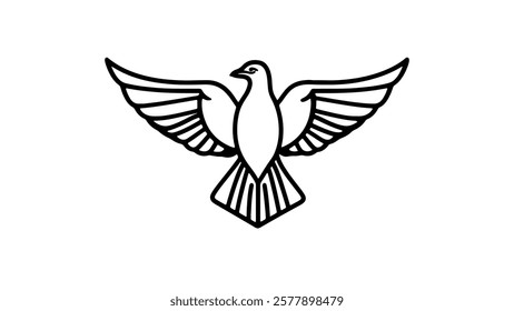 Dove bird wings spread. Simple line art design. Logo branding, tattoo, spiritual icon. Minimalist black ink style