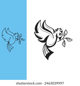 a dove bites a sprig of grass. monoline style and silhouette stylish.