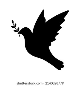 Dove black silhouette. Flying bird with brunch. Symbol of peace. Vector isolated on white.