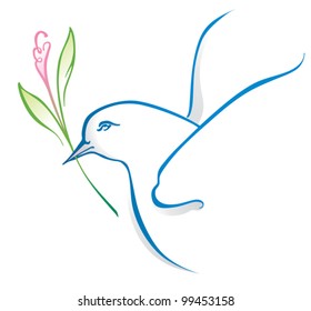 Dove with a blossoming branch in its beak.