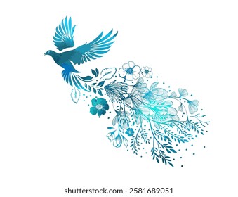 Dove blue. Abstract bird of peace flies with flowers. hand drawing. Not AI. Vector illustration.
