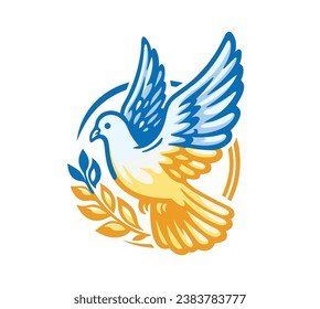 Dove with a branch in the colors of the Ukrainian flag. Support Ukraine. Stop the war in Ukraine. Symbol of hope and peace. No war. Vector illustrations on white background