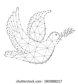 Dove with branch - symbol of international day of peace, from abstract futuristic polygonal black lines and dots. Vector illustration.