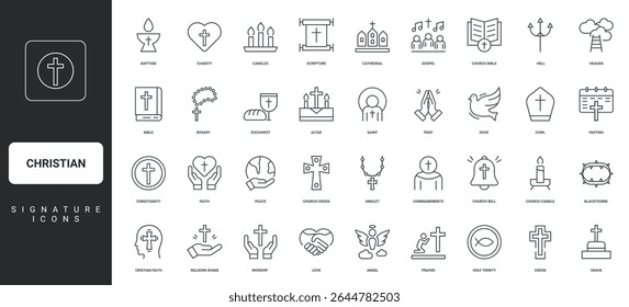 Dove and candles, worship thin black outline symbols vector illustration. Christian religion, prayer and love, faith in resurrection of Jesus Christ, church and holy Bible line icon set.