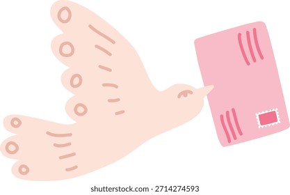 Dove lleva un sobre en pico con Formas de ala redondeadas y detalle de línea suave. Símbolo de mensaje, paz, amor y comunicación en la entrega de correo. Ilustración vectorial de dibujos animados.
