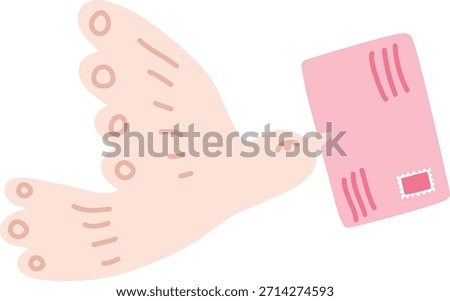 Dove carries an envelope in beak with rounded wing shapes and soft line detail. Symbol of message, peace, love, and communication in mail delivery. Cartoon vector illustration.