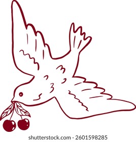 Dove carrying cherries. Retro coquette clip-art.