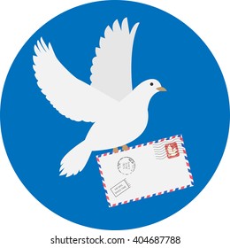 Dove carrying envelope isolated on blue background. Pigeon with letter. Pigeon letter mail Icon. Icon Vector EPS. Pigeon letter mail drawing. Vector minimal flat illustration