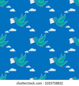  Dove carrying envelope pattern repeat seamless in blue color for any design.Bird delivers a message. Post pigeon