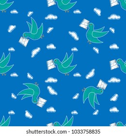 Dove carrying envelope pattern repeat seamless in blue color for any design.Bird delivers a message. Post pigeon