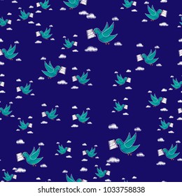  Dove carrying envelope pattern repeat seamless in blue color for any design.Bird delivers a message. Post pigeon