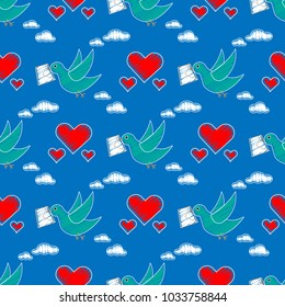 Dove carrying envelope pattern repeat seamless in blue color for any design.Bird delivers a message. Post pigeon. Love message