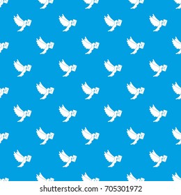 Dove carrying envelope pattern repeat seamless in blue color for any design. Vector geometric illustration