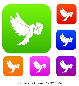 Dove carrying envelope set icon in different colors isolated vector illustration. Premium collection