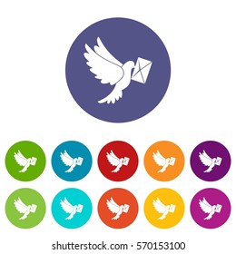 Dove carrying envelope set icons in different colors isolated on white background