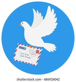 Dove carrying an envelope vector illustration on blue background